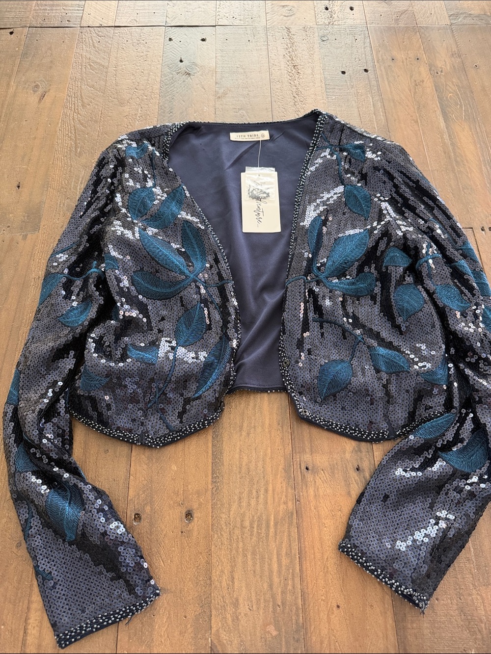 12th Tribe Navy & Teal Sequin Cropped Blazer